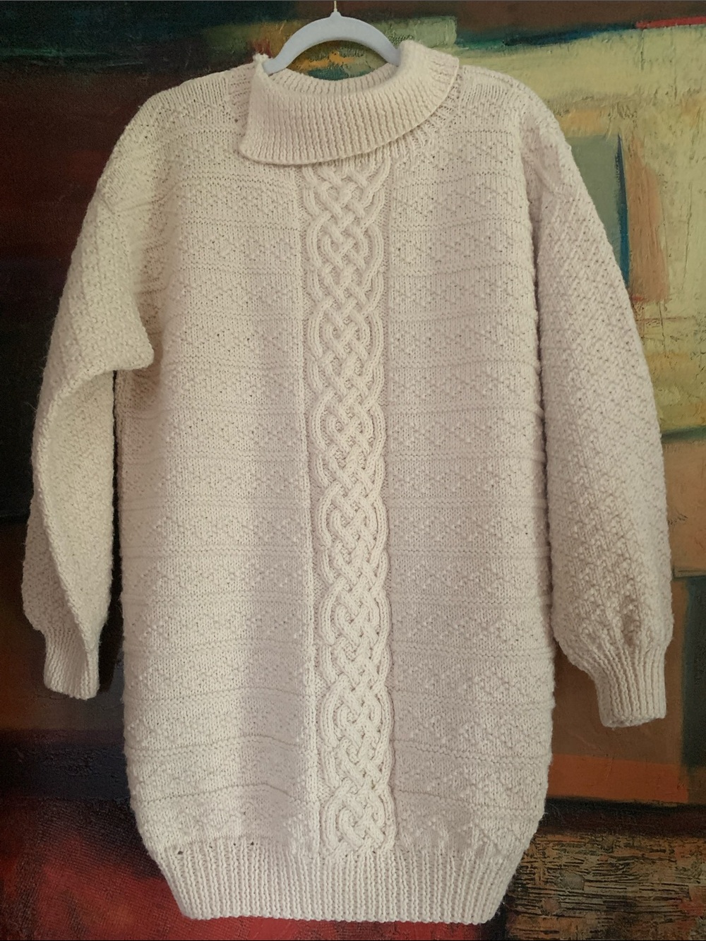 Vintage Hand Knit Chunky Cable Knit Tunic Sweater Cream Oversized Slouchy L